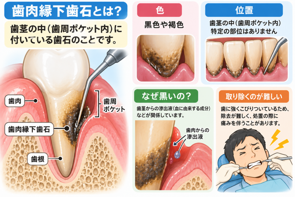 歯肉縁下歯石の解説図。歯周ポケット。