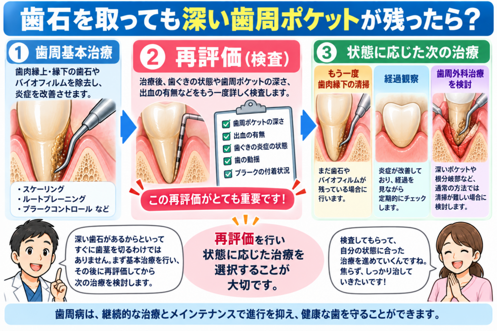不快歯周ポケットの解説図。再評価。歯周外科。メンテナンス。