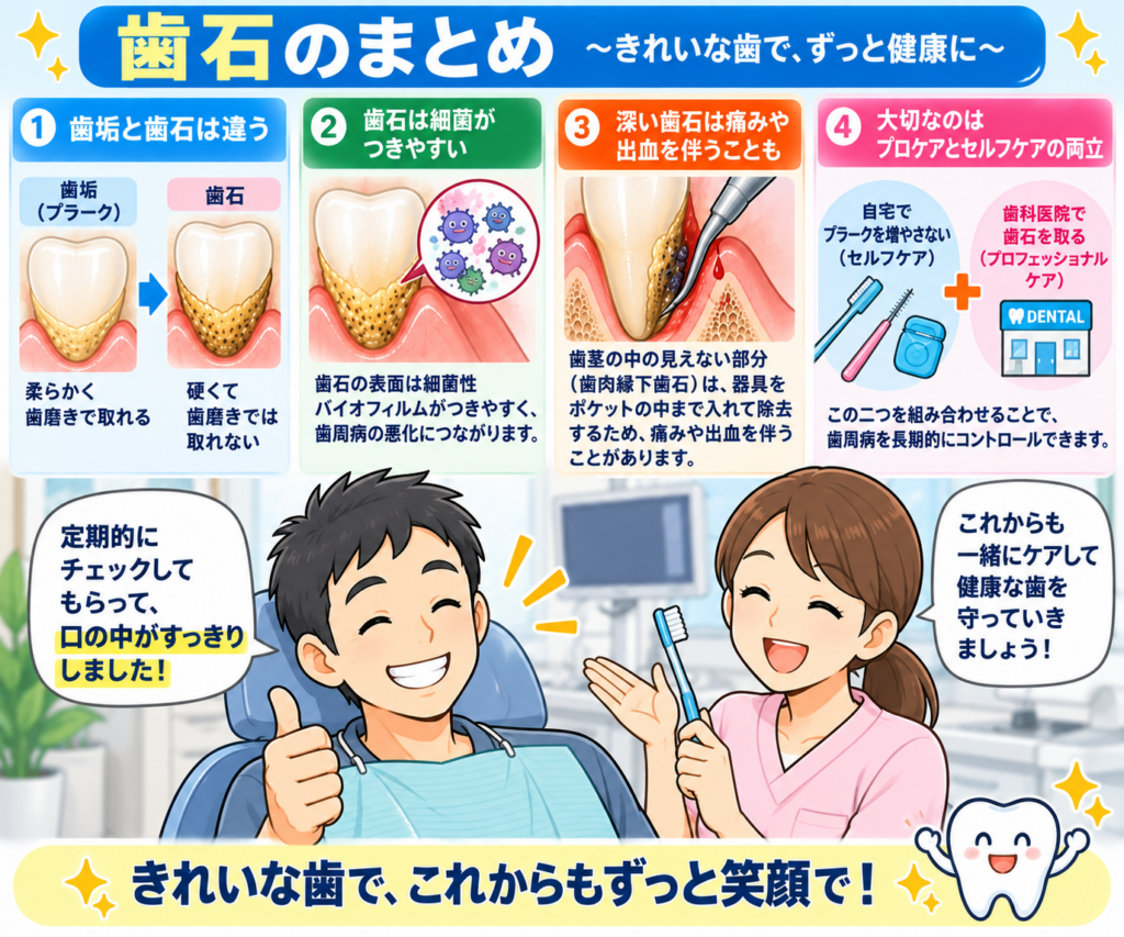 歯石取りのまとめの図。セルフケア。プロフェッショナルケア。バイオフィルム。歯石。歯垢。歯肉縁下歯石。