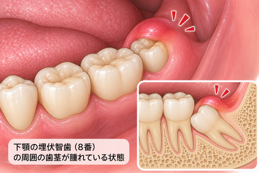 半埋伏の智歯の周りの歯肉が腫れる様子を示すイラスト